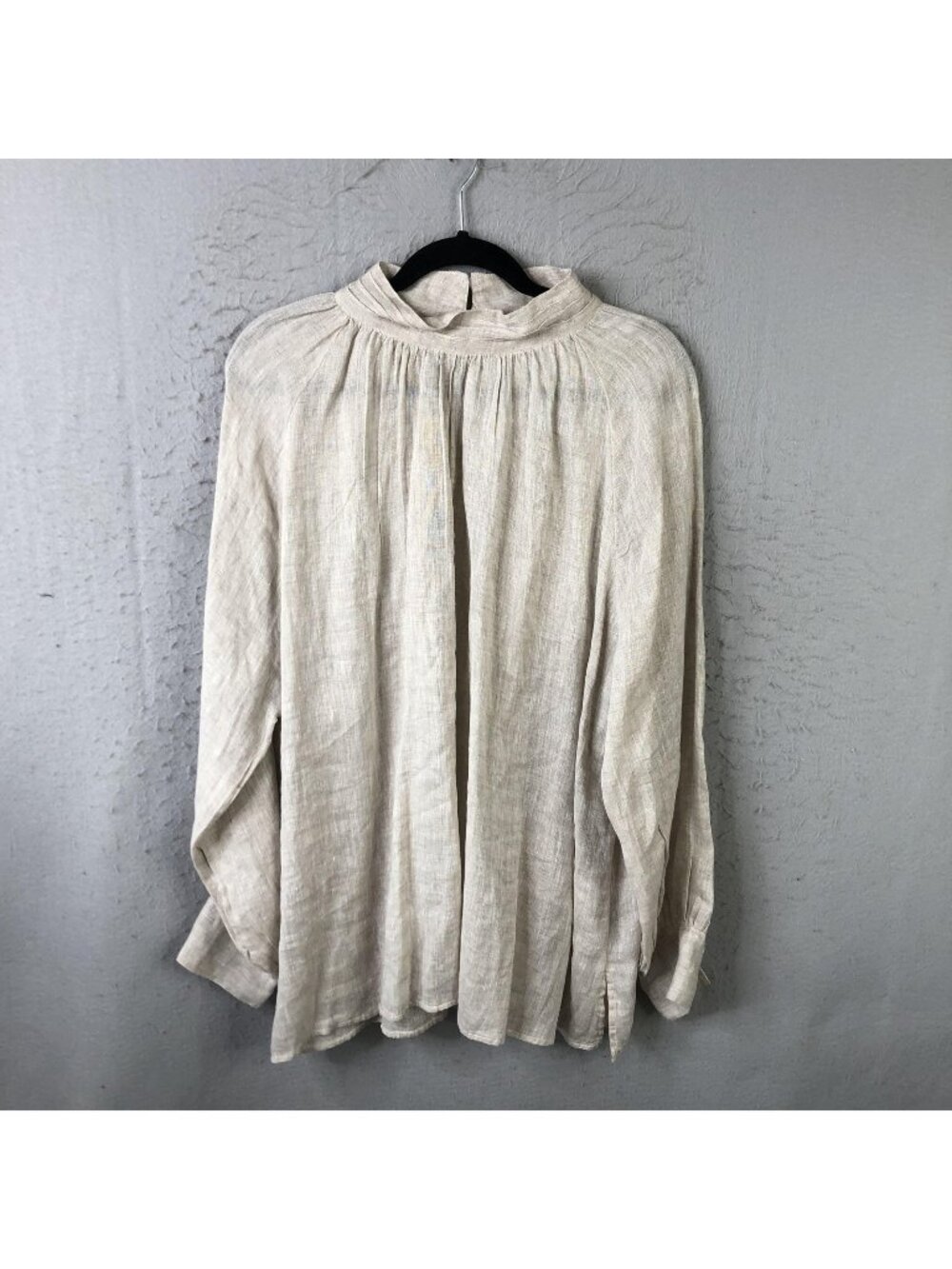 HOMEFROCKS Tunic Top Womens L Beige 100% Linen High Neck Boho Beach Relaxed